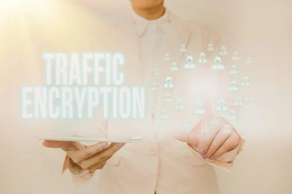 Sign displaying Traffic Encryption. Conceptual photo method of securing the transmission of information Lady Holding Tablet Pressing On Virtual Button Showing Futuristic Tech. — 스톡 사진