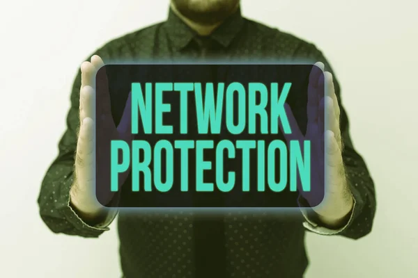 Podepsat zobrazení ochrany sítě. Koncepce internetu chrání použitelnost a integritu sítě Prezentování nových plánů a nápadů Demonstrační proces plánování — Stock fotografie