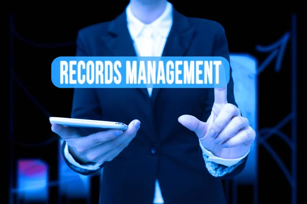 Handwriting text Records Management. Business concept administration of records and documented information Lady In Uniform Holding Phone Pressing Virtual Button Futuristic Technology.