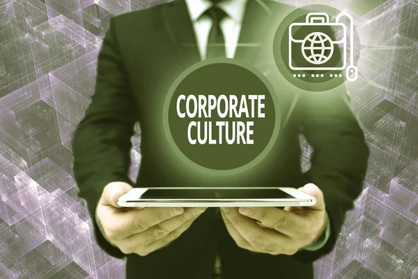 Text showing inspiration Corporate Culture. Word for beliefs and attitudes that characterize a company Man In Office Uniform Holding Tablet Displaying New Modern Technology. — 스톡 사진