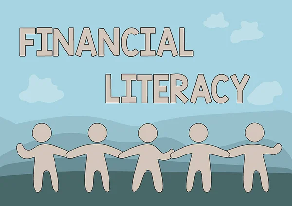 Writing displaying text Financial Literacy. Internet Concept education and understanding of various financial areas Five Standing People Drawing Holding Hands Showing Team Support.