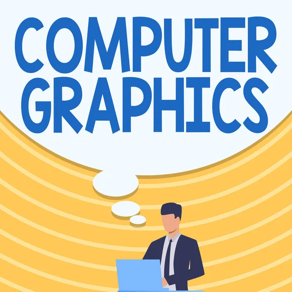 Légende conceptuelle Computer Graphics. Représentations visuelles photo conceptuelles des données affichées sur un moniteur Homme d'affaires en costume dessin à l'aide d'un ordinateur portable avec grande bulle d'idée. — Photo