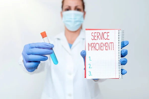 Text sign showing Service Improvement. Word for continuous actions that lead to better service or system Studying Newly Discovered Medication Analyzing Medicine Discovery — 스톡 사진