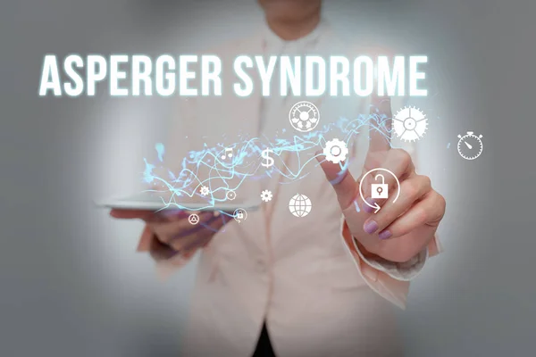 Text sign showing Asperger Syndrome. Business showcase characterized as a distinct autism spectrum disorder Lady In Suit Holding Phone And Performing Futuristic Image Presentation. — 图库照片