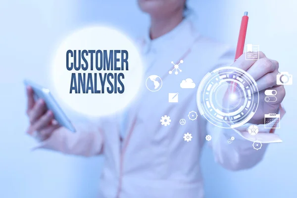 Text sign showing Customer Analysis. Business approach systematic examination of a company s is customer information Business Woman Touching Digital Data On Holographic Screen Interface. — 图库照片