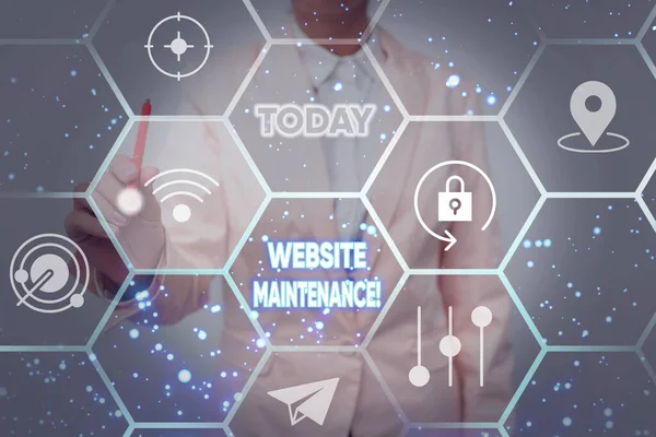 Inspiration showing sign Website Maintenance. Concept meaning act of regularly checking your website for issues Lady In Uniform Holding Tablet In Hand Virtually Typing Futuristic Tech. — Stock Photo, Image