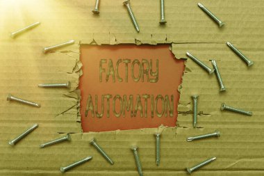 İlham veren fabrika otomasyonunu gösteren metin. Otomatik çalışma ve makinelerin kontrolü için sözcük Akıllı Ofis Planları İnşaat Geliştirme ve Yeni Başlangıç Planlama