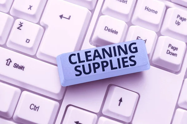 Text showing inspiration Cleaning Supplies. Business idea substances usually liquids used to remove dirt and dust Writing Comments On A Social Media Post, Typing Interesting New Article — Stock Photo, Image