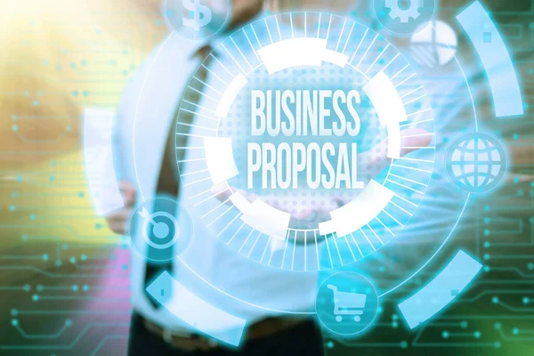 Handschrift Business Proposal. Internet Concept schriftelijk aanbod van een verkoper aan een potentiële koper Gentelman Uniform Standing Holding New Futuristic Technologies. — Stockfoto