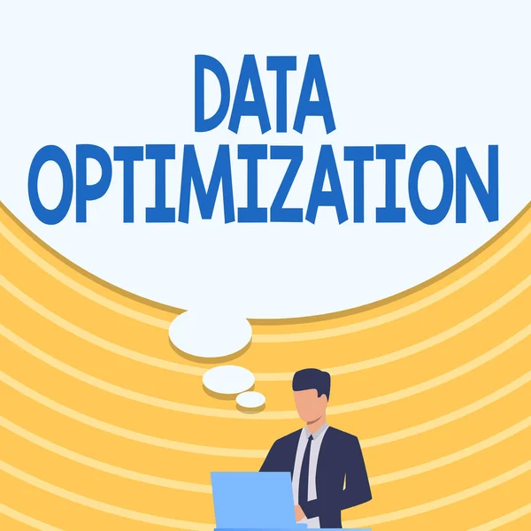 Writing displaying text Data Optimization. Business approach process that prepares the logical schema from data view Businessman In Suit Drawing Using Laptop With Large Idea Bubble. — Stock Photo, Image