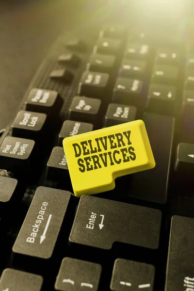 Text sign showing Delivery Services. Internet Concept the transport of items between two or more parties Typewriting End User License Agreement, Typing New Network Password — 스톡 사진