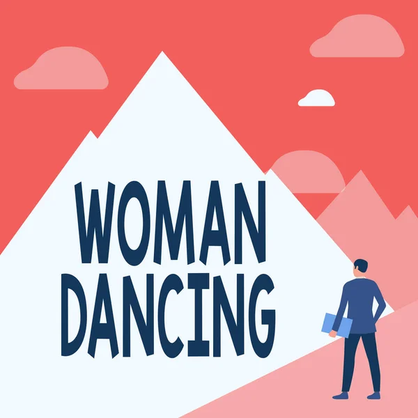 Tekst som viser inspirasjon til Woanalysis Dancing. Konseptuelt foto sikker på at danser pent og profesjonelt Gentleman In Suit Standing Holding Notebook Facing Tall Mountain Range. – stockfoto