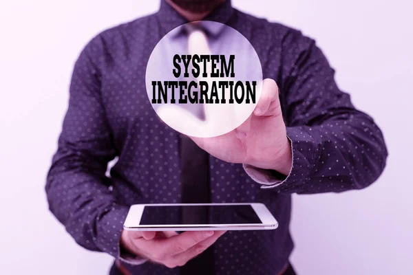 Text sign showing System Integration. Business showcase process of bringing together the component subsystem Presenting New Technology Ideas Discussing Technological Improvement — 스톡 사진