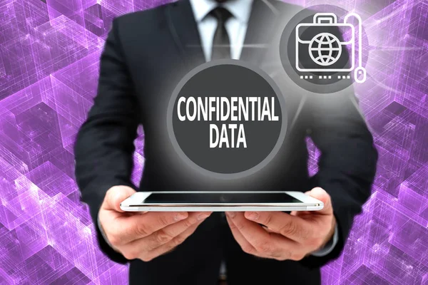 Conceptual caption Confidential Data. Concept meaning information that is not available to the general public Man In Office Uniform Holding Tablet Displaying New Modern Technology. — 스톡 사진