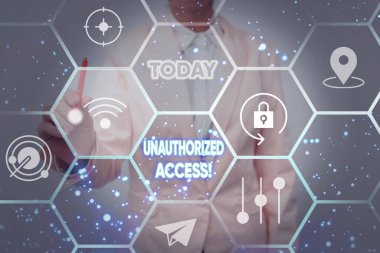 İlham, yetkisiz giriş işareti gösteriyor. İzinsiz bilgisayar ya da ağ kullanılarak yazılan sözcük. Üniformalı Bayan Elinde Tablet Tutarken Fütürist Teknoloji Yazıyor..