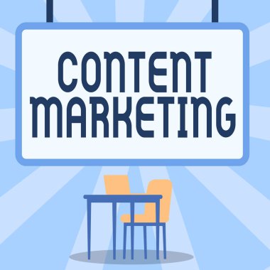 İçerik Pazarlaması 'nı gösteren bir ilham kaynağı. Kavramsal fotoğraf, masadaki sandalyeli dizüstü bilgisayarla çevrimiçi materyallerin oluşturulması ve paylaşımını içerir..