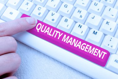 Conceptual display Quality Management. Business concept overseeing and maintain a desired level of excellence Typing Difficult Program Codes, Writing New Educational Book