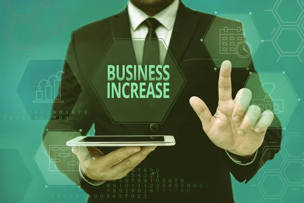 Handstilstexten Business Increase. Affärsidé att förbättra något mått på ett företag s är framgång Man In Office Uniform Standing Pressing Virtual Button Holding Tablet. — Stockfoto