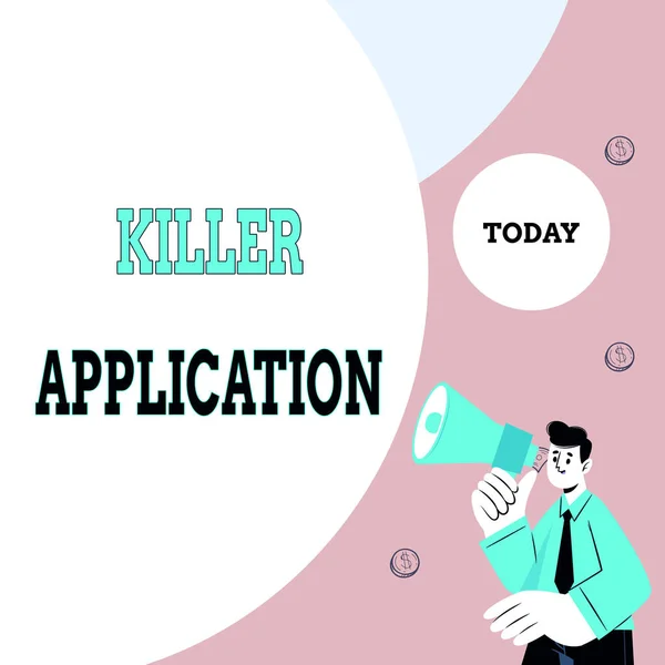 Begreppsmässig bildtext Killer Application. Word Skrivet på praktiskt taget oumbärlig eller mycket överlägsen rivaliserande produkt Sammanfattning Visa olika skrivmetod, tangentbord databehandling — Stockfoto