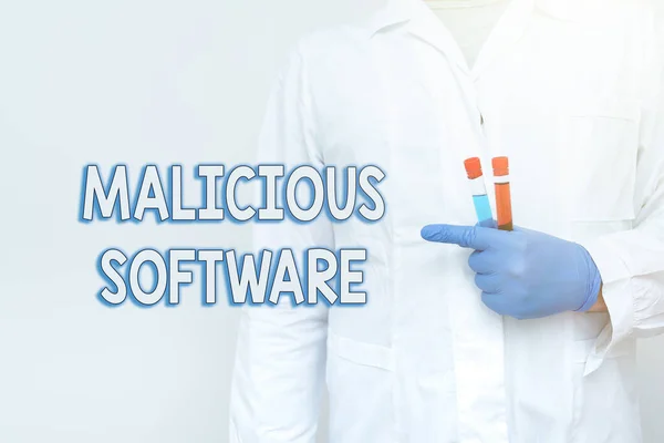 Sign displaying Malicious Software. Business concept the software that brings harm to a computer system Chemist Presenting Infection Cure, Doctor Displaying Virus Vaccine — 图库照片