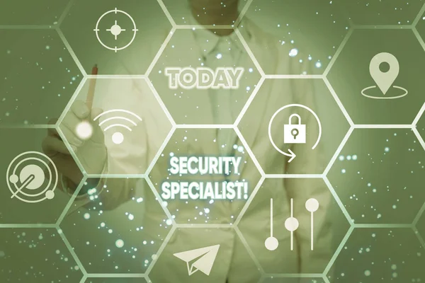 Handwriting text Security Specialist. Word Written on specializes in the security of showing assets or systems Lady In Uniform Holding Tablet In Hand Virtually Typing Futuristic Tech. — ストック写真