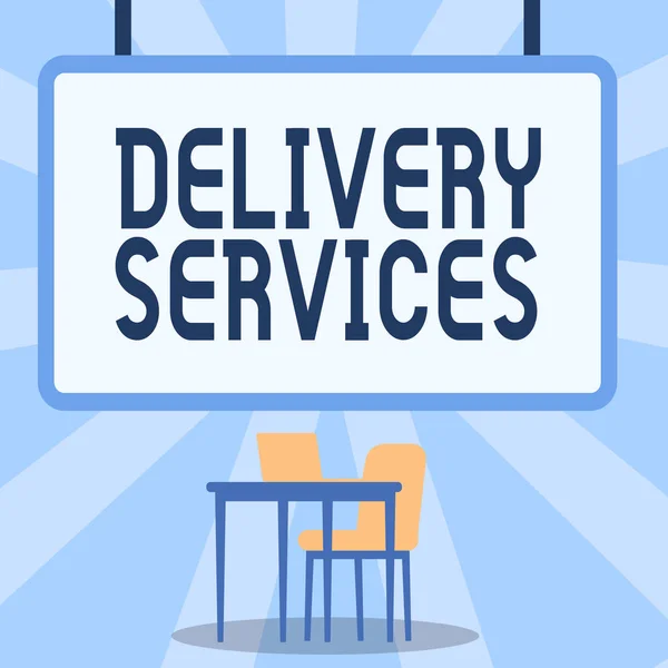 Text caption presenting Delivery Services. Concept meaning the transport of items between two or more parties Blank Whiteboard With Laptop Placed On Top Of Table With Chair. — Stock Photo, Image