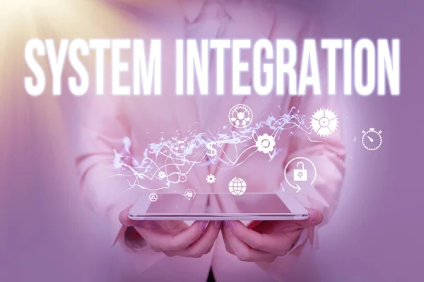 Text caption presenting System Integration. Business concept process of bringing together the component subsystem Lady In Suit Holding Phone And Performing Futuristic Image Presentation. — Stok fotoğraf