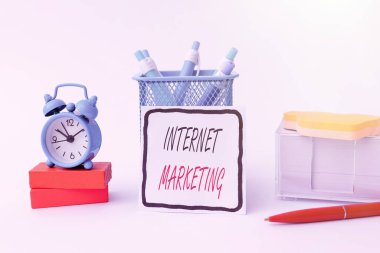 Conceptual display Internet Marketing. Internet Concept drive direct sales of products via electronic commerce Tidy Workspace Setup Writing Desk Tools And Equipment Time Management