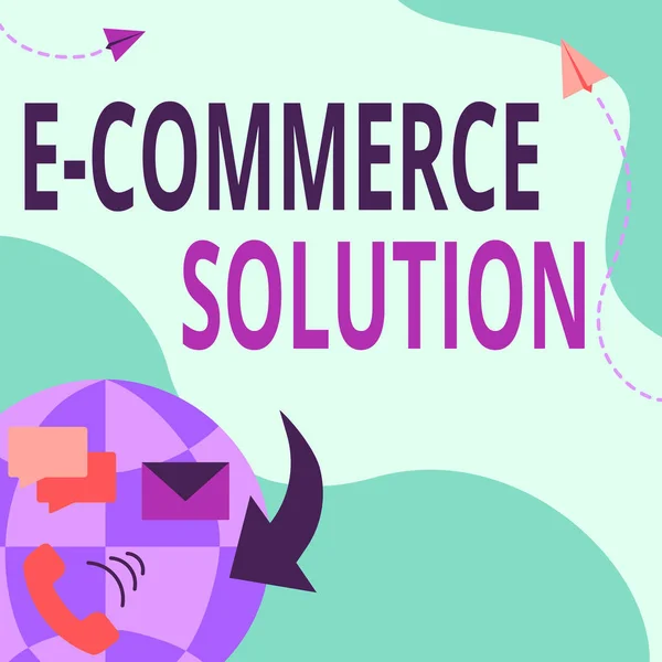 Εννοιολογική λεζάντα E Commerce Solution. Έννοια που σημαίνει λογισμικό που χρησιμοποιείται από τις επιχειρήσεις στην πώληση προϊόντων σε απευθείας σύνδεση Διαδίκτυο Δίκτυο Σχεδίαση με πολύχρωμο Μηνύματα S. — Φωτογραφία Αρχείου