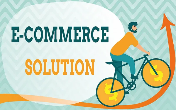 Text showing inspiration E Commerce Solution. Business idea Software used by business in selling products online Man Drawing Riding Bicycle With Dollar Sign Wheels Going Upward.