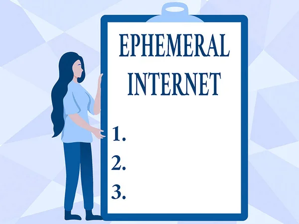 Text caption presenting Ephemeral Internet. Business overview Temporary access to digital wireless connection Woman Drawing Holding A Big Empty Clipboard Showing New Meaning. — Stockfoto