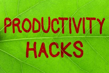 Writing displaying text Productivity Hacks. Internet Concept tricks that you get more done in the same amount of time Nature Theme Presentation Ideas And Designs, Displaying Renewable Materials