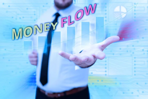 Inspiration showing sign Money Flow. Business idea it is an indicator of positive or negative in a current day Gentelman Uniform Standing Holding New Futuristic Technologies. — ストック写真