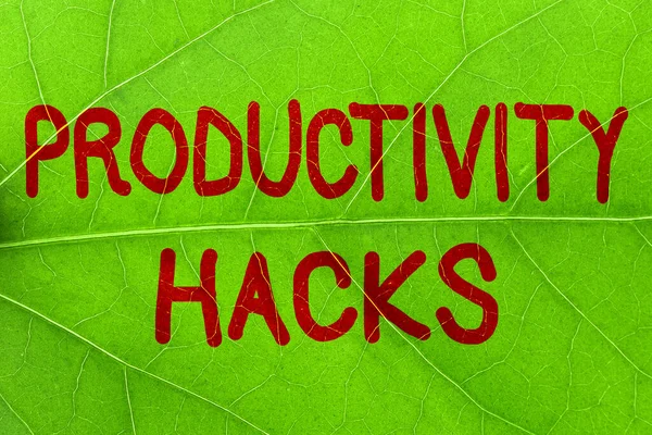 Writing displaying text Productivity Hacks. Internet Concept tricks that you get more done in the same amount of time Nature Theme Presentation Ideas And Designs, Displaying Renewable Materials — Stockfoto