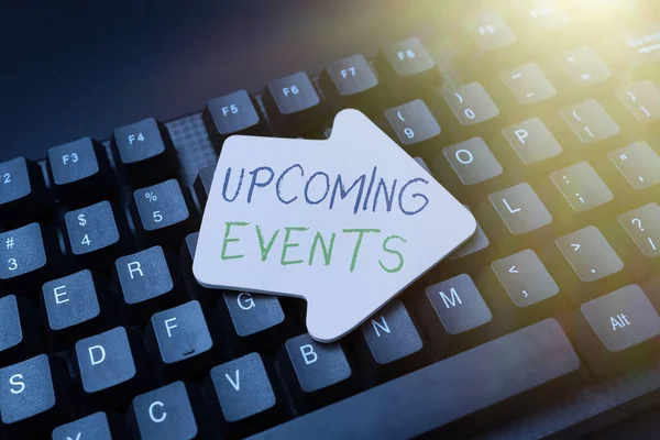 Inspiration showing sign Upcoming Events. Internet Concept the approaching planned public or social occasions Creating Social Media Comment Message, Typing Fun Questions And Answers — Stockfoto