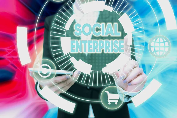 Text showing inspiration Social Enterprise. Word for It is a business that has specific civil objectives Lady In Uniform Holding Phone Pressing Virtual Button Futuristic Technology. — Stockfoto