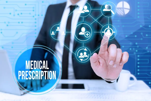 Signo de texto que muestra la prescripción médica. Concepto que significa detalles de la medicina o drogas que alguien necesita Bussiness Man Sitting Desk Laptop And Phone Pointing Futuristic Technology. — Foto de Stock