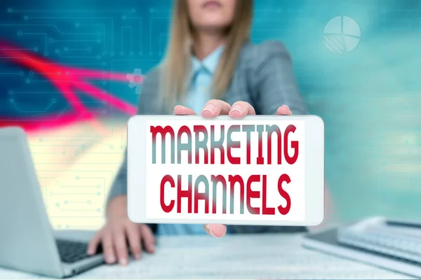 Text showing inspiration Marketing Channels. Business approach the necessary to transfer the ownership of goods Business Woman Sitting In Office Holding Mobile Displaying Futuristic Ideas.