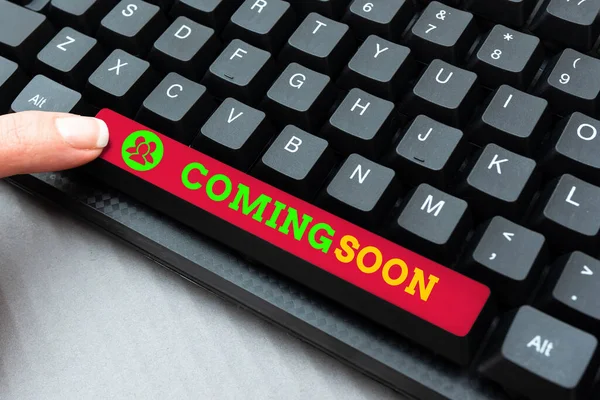 Text caption presenting Coming Soon. Business overview an event that is bound to happen in the future or about to come Abstract Transcribing Online Data, Sending And Receiving Emails Globally — Stock Photo, Image