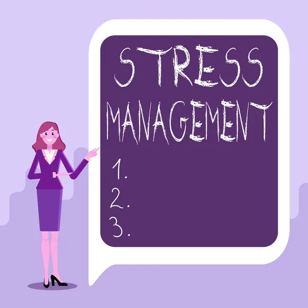 Tekst pisma: Zarządzanie stresem. Słowo określające metodę ograniczania stresu i jego skutków poprzez uczenie się sposobów Wyświetlanie ważnych informacji, Prezentacja nowych pomysłów — Zdjęcie stockowe