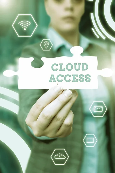 Sign displaying Cloud Access. Word Written on Software tool between the organization and the provider Business Woman Holding Jigsaw Puzzle Piece Unlocking New Futuristic Tech. — 图库照片