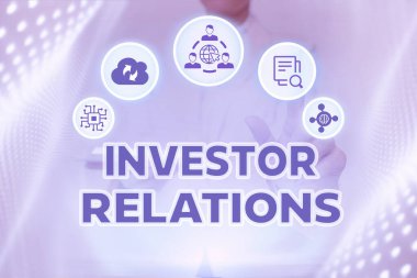 İlham verici Yatırımcı İlişkilerini gösteren metin. Finansal fotoğraf yönetimi sorumluluğu Finansal Kadın Tutma Tableti Sanal Düğmeye Basarak Geleceği Gösterme Teknolojisini Birleştiriyor.