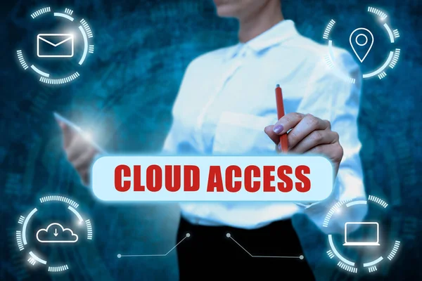 Znak tekstowy pokazujący Cloud Access. Słowo napisane na narzędziu oprogramowania między organizacją i dostawcą Lady In Uniform Holding Tablet In Hand Praktycznie wpisując Futurystyczny Tech. — Zdjęcie stockowe