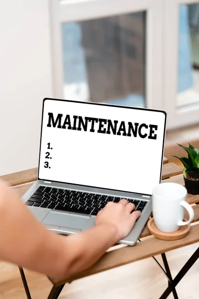 Text sign showing Maintenance. Business showcase method of preserving or maintaining someone or something Online Jobs And Working Remotely Connecting People Together — 图库照片