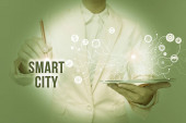 Textschild mit Smart City. Unternehmen nähern sich einem urbanen Raum, der Kommunikationstechnologien nutzt, um Daten zu sammeln..