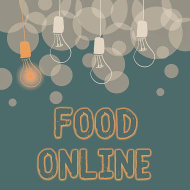 Metin başlığı yiyecek çevrimiçi sunar. Farklı Fikirleri Gösteren Işıklar Entelektüel Konsepti sunar ve doğrudan mağaza soyut ürünler tarafından sunulan bir web sitesinde kurulmuş iş ürünleri sergisi çeşitliliği