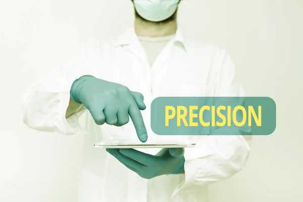 Text caption presenting Precision. Business overview the degree of refinement to which the operation is conducted Doctor Explaining Medical Terms, Scientist Teaching Laboratory Safety — 图库照片