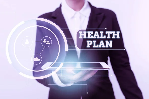 Text sign showing Health Plan. Business concept type of insurance that covers highcost medical services Woman In Suit Standing Using Device Showing New Futuristic Virtual Tech. — 图库照片