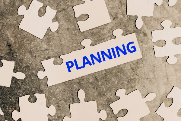 Inspiration showing sign Planning. Concept meaning achieving desired results is the first and foremost assignment Building An Unfinished White Jigsaw Pattern Puzzle With Missing Last Piece — Stock Photo, Image