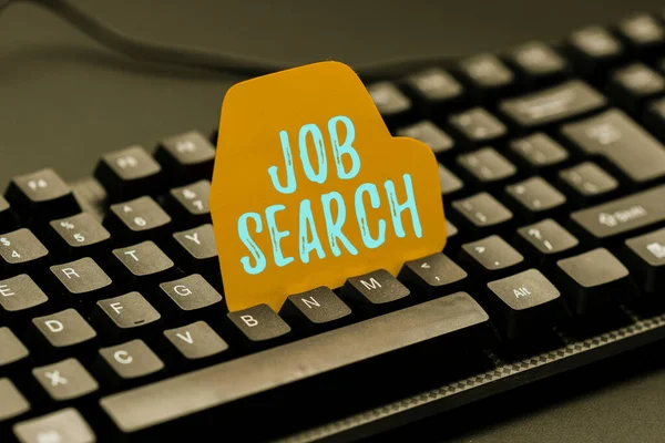 Text showing inspiration Job Search. Business overview an act of sourcing for job openings and apply for a position Typing Cooking Instructions And Ingredient Lists, Making Online Food Blog — 图库照片